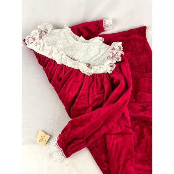 Vintage Red Velvet Lace Trim Holiday Party Dress USA Long Sleeve - Girls 6x NEW - Picture 3 of 10